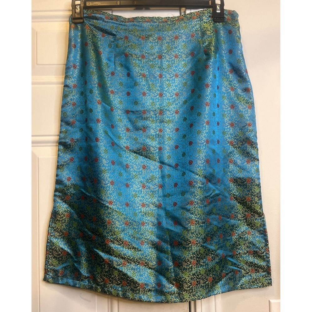 VTG 90s Magazine Indian Rayon Brocade Midi Skirt L Teal Gold Whimsigoth